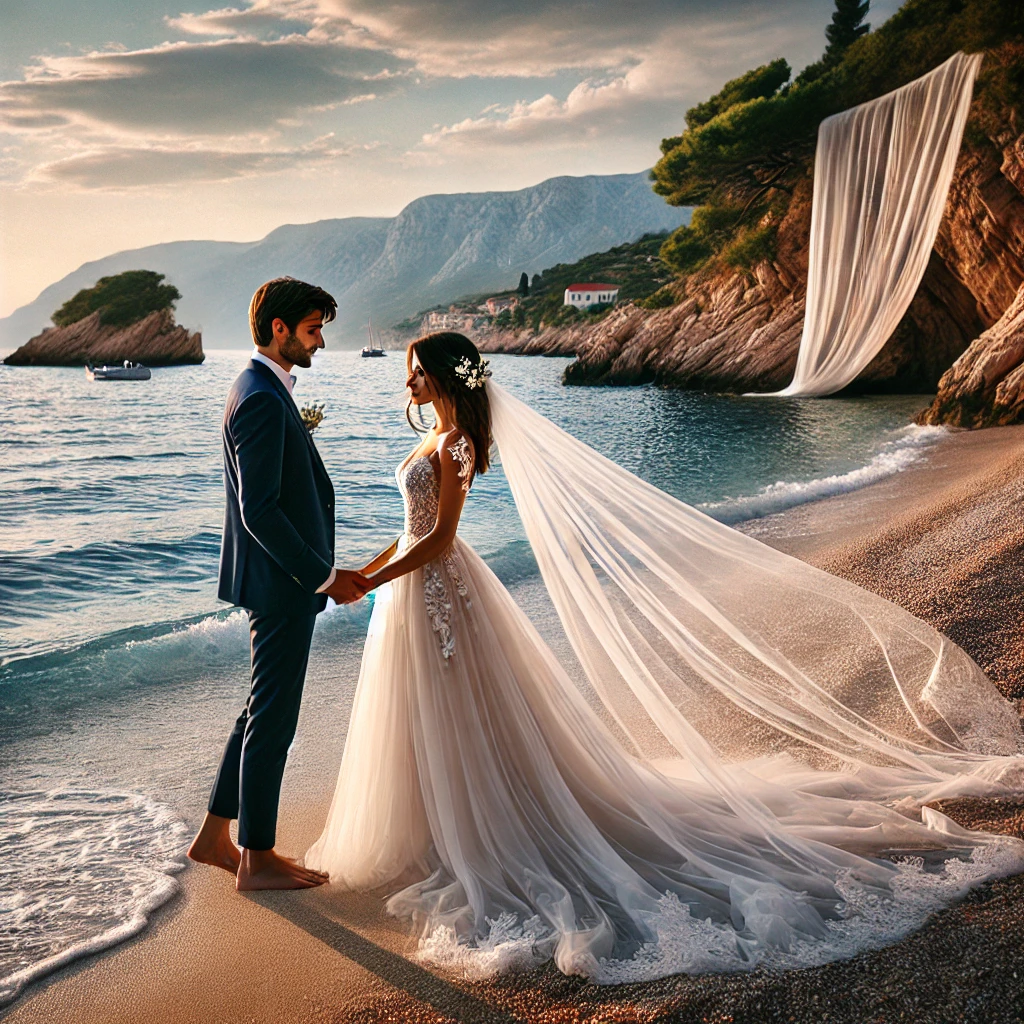 Ein Brautpaar heiratet am Strand vor dem malerischen Hintergrund der kroatischen Küste.